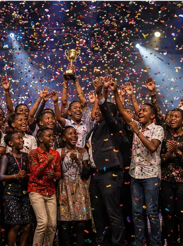 Performers celebrating with confetti