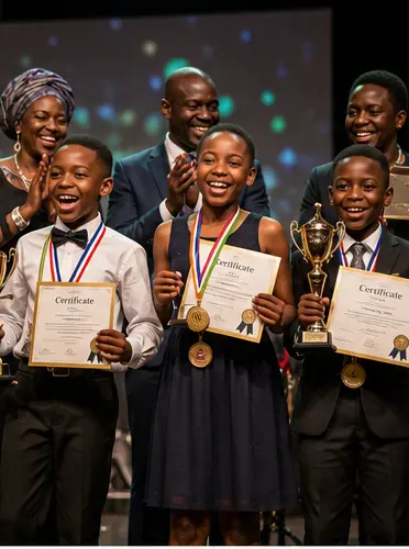 Finalists holding certificates and a trophy